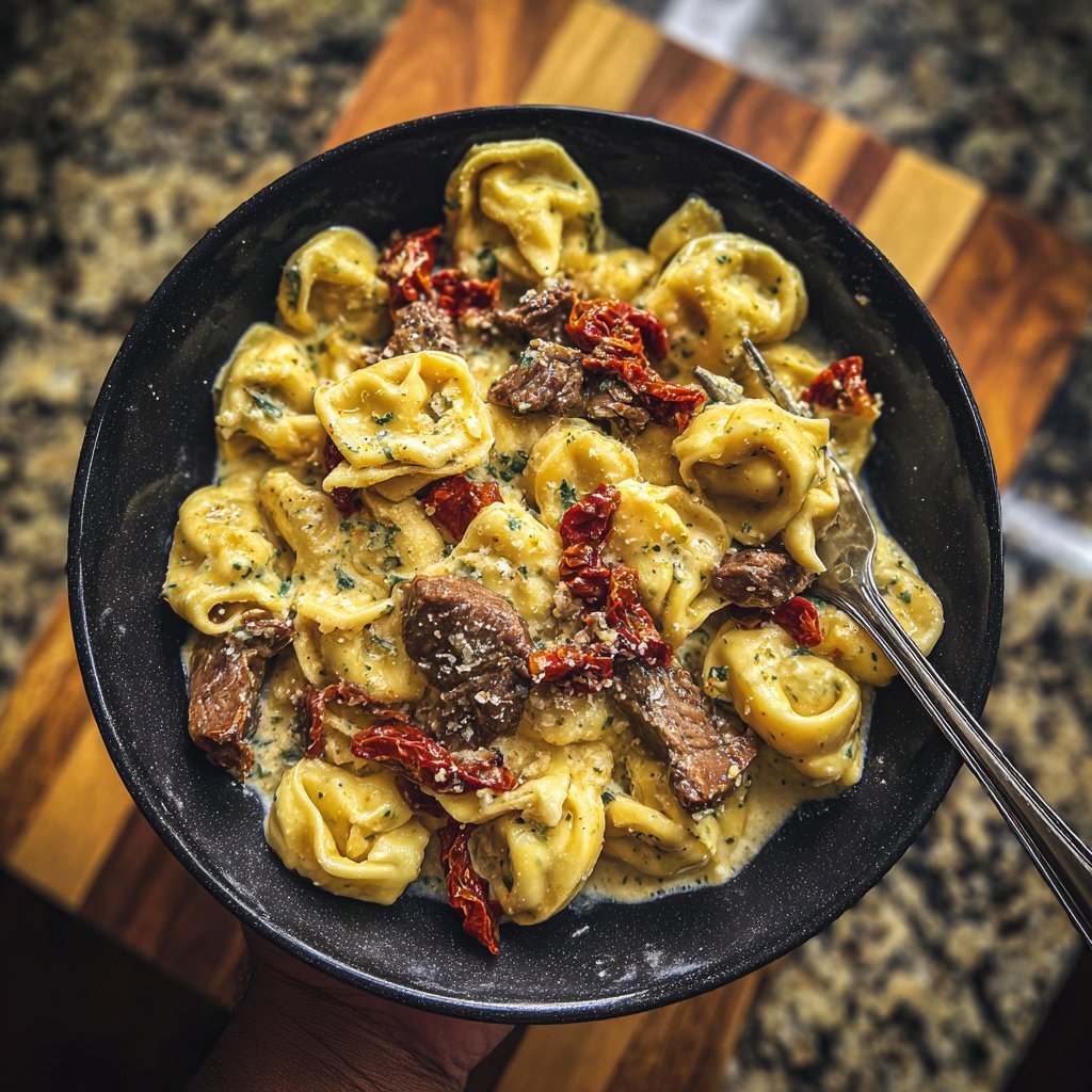 Garlic Steak Tortellini with Sun-Dried Tomatoes